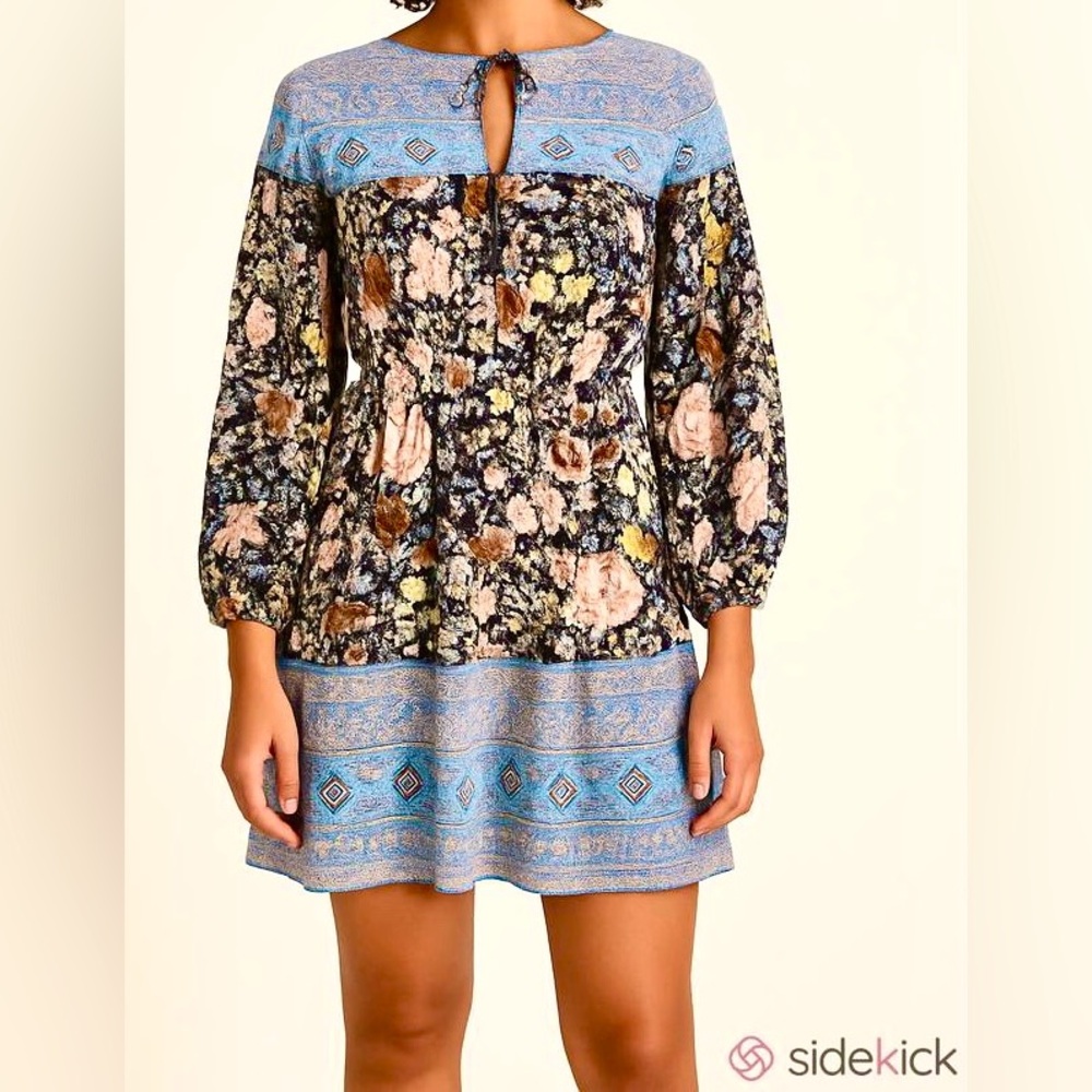 Saints & Hearts Blue Romantic Floral S Cottagecore Romantic Peasant Mini Dress